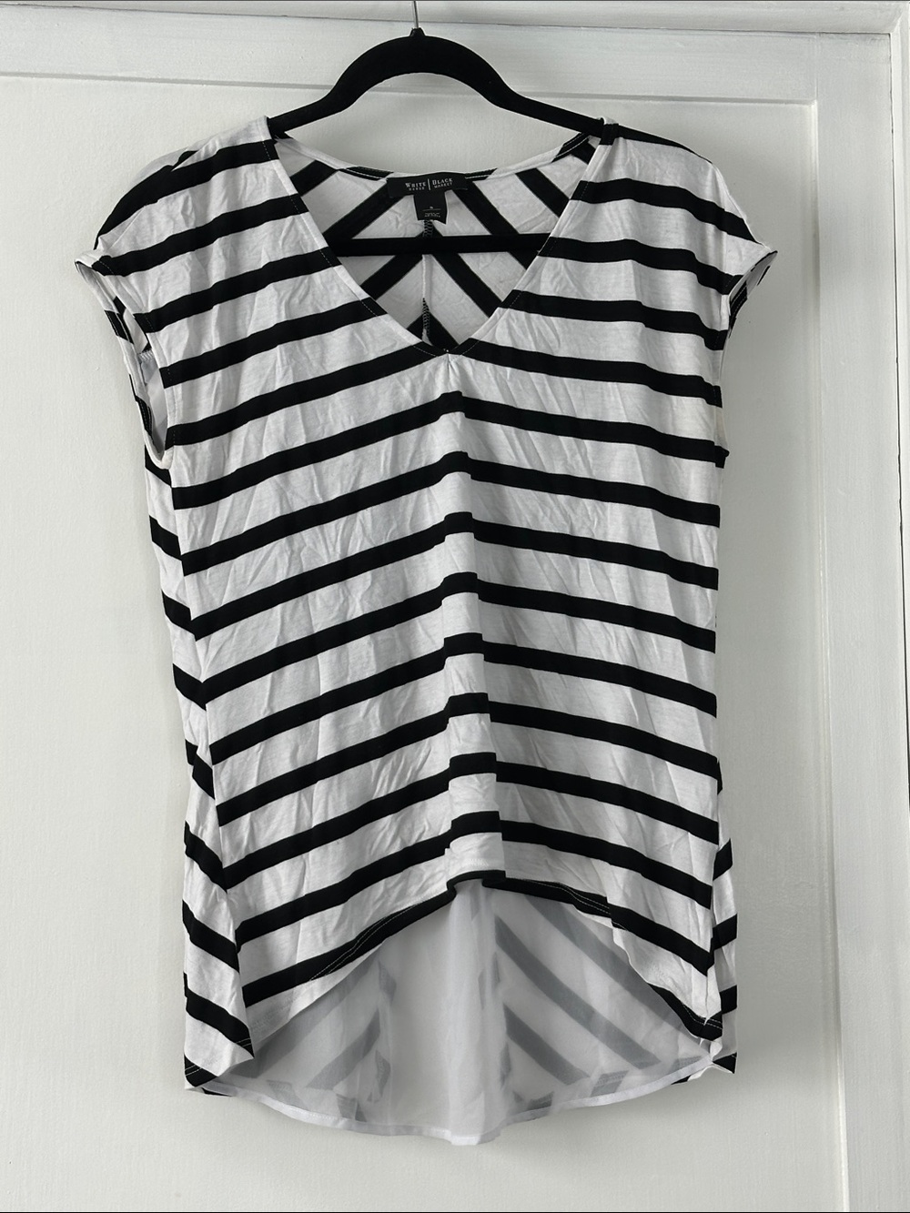 WHBM Black & White Striped V-Neck Short Sleeve Top - bin 2